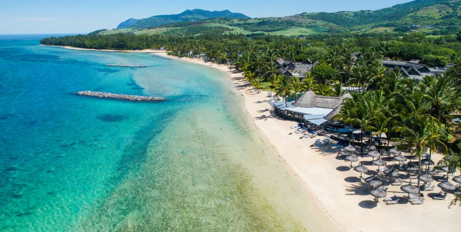 Aerial view of Heritage Resorts Mauritius showcasing luxury hotels and coastal landscape
