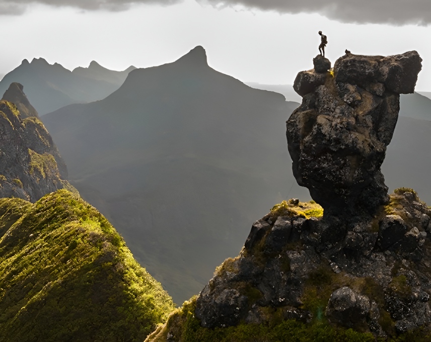 A stunning view of Pieter Both's unique profile against the sky, while a hiker stand on the top of it