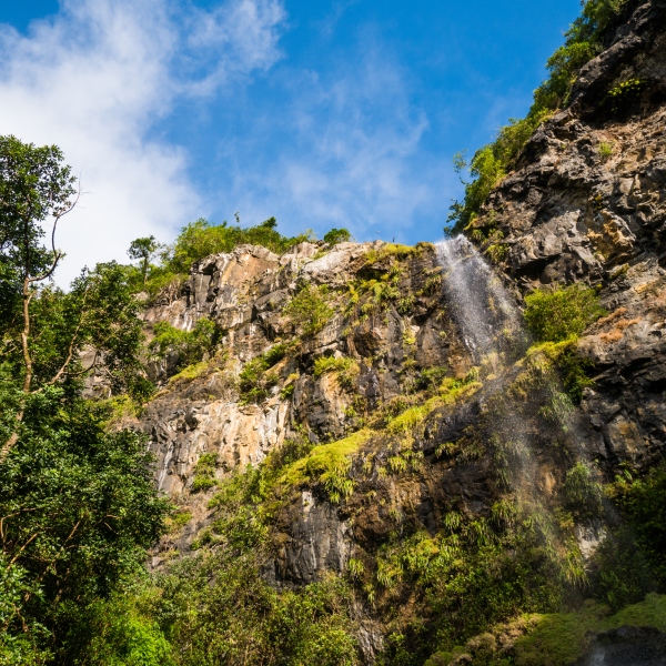 The stunning Mare aux Joncs Waterfalls creating a serene ambiance in Mauritius.