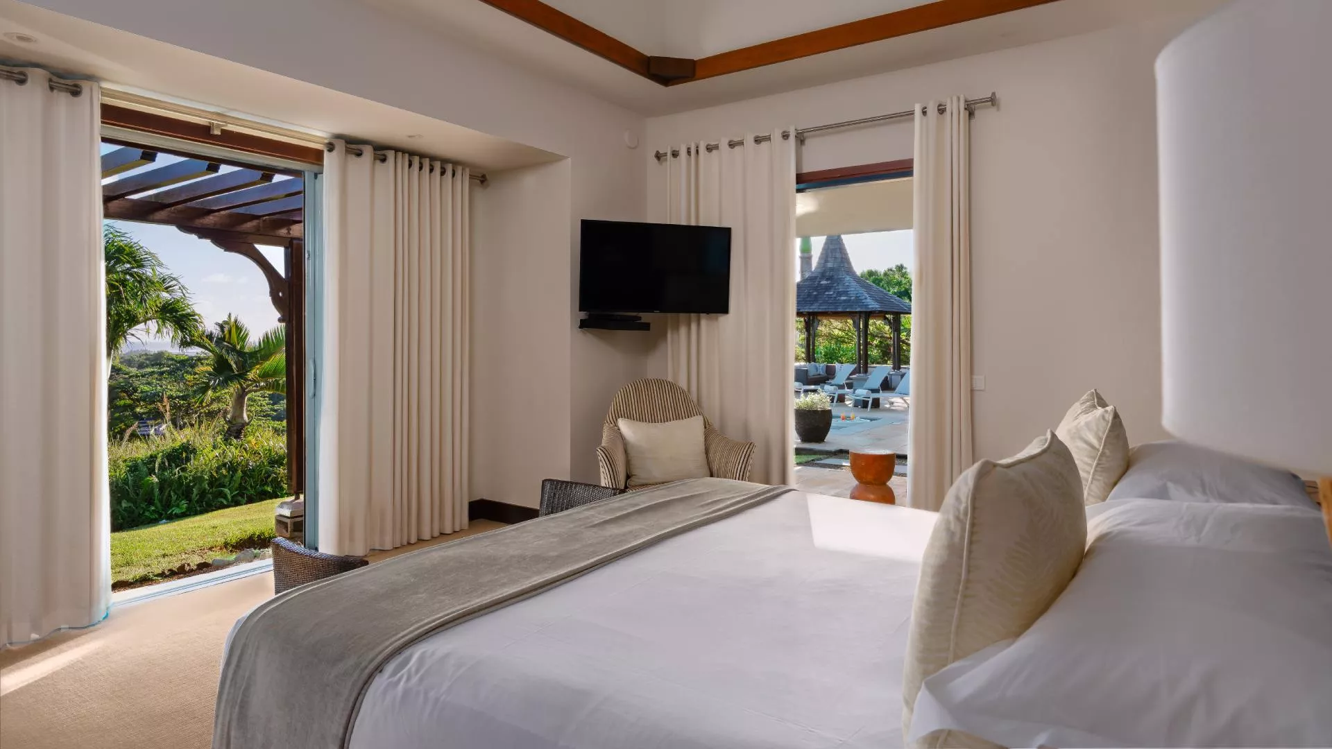 Ground floor bedroom interior in a luxury three-bedroom villa with elegant furnishings