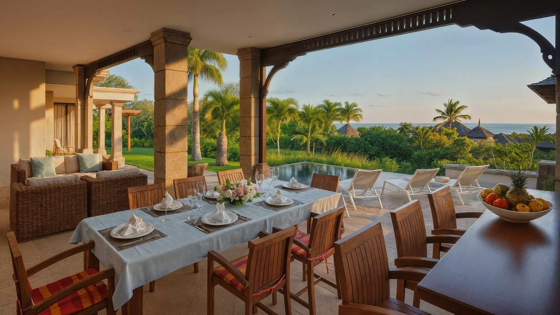 Ground floor exterior dining area with tables at a luxury three-bedroom villa