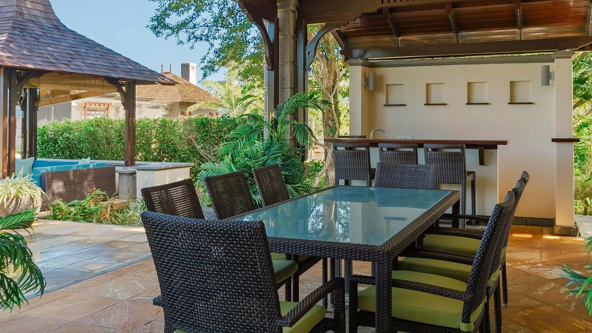Terrace of four-bedroom luxury villa with private pool at Heritage The Villas, Mauritius