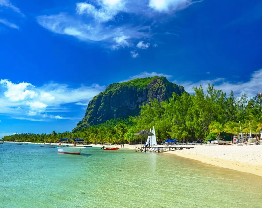 Scenic view of Le Morne Brabant beach with clear blue waters in Mauritius