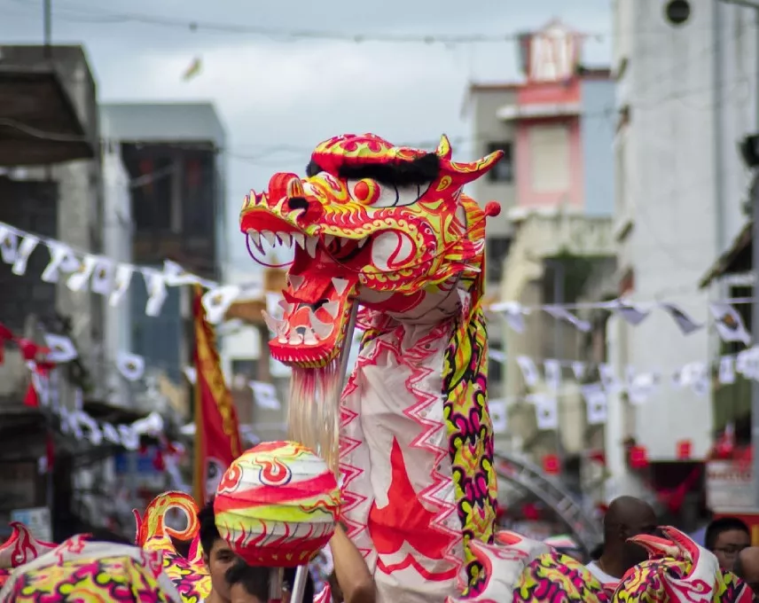 Chinese festival celebration in Mauritius with traditional decorations and cultural performances