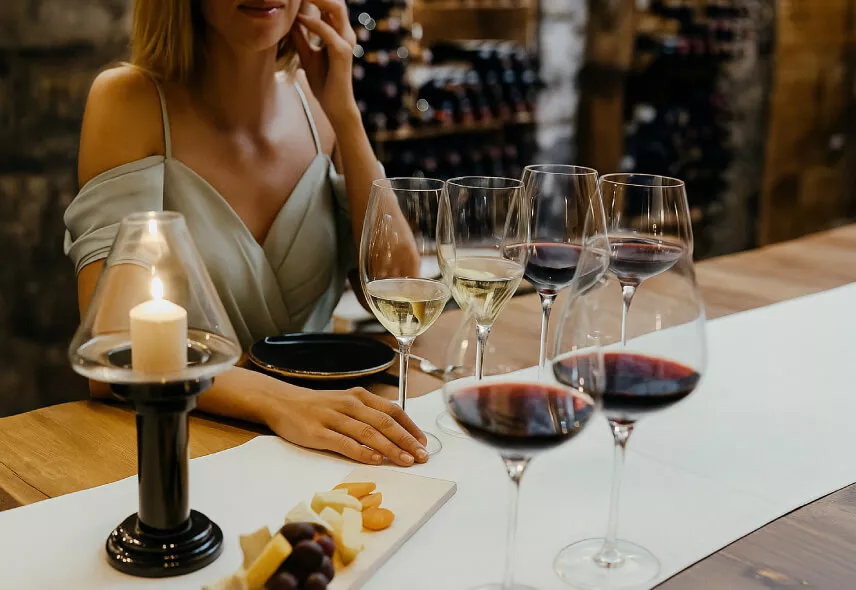 Gourmet course with cheese, fruits, and wine glasses during a wine tasting experience