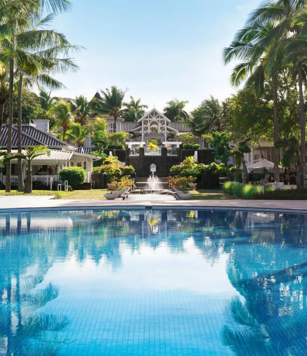 Front view of Heritage Le Telfair Mauritius with luxury pool and resort setting