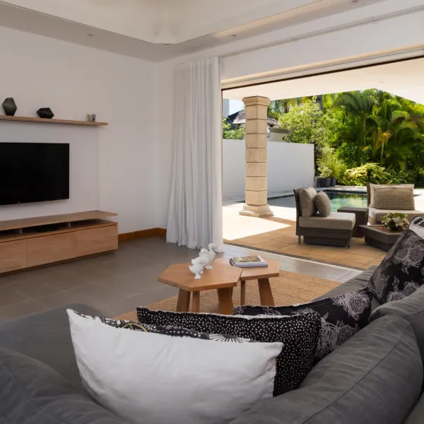 Living room overview in a luxury 2-bedroom villa