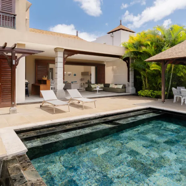 Close-up of 3 bedroom villa exterior with pool view