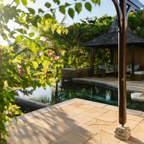 Exterior view of a three-bedroom villa with private pool at Heritage The Villas, Mauritius