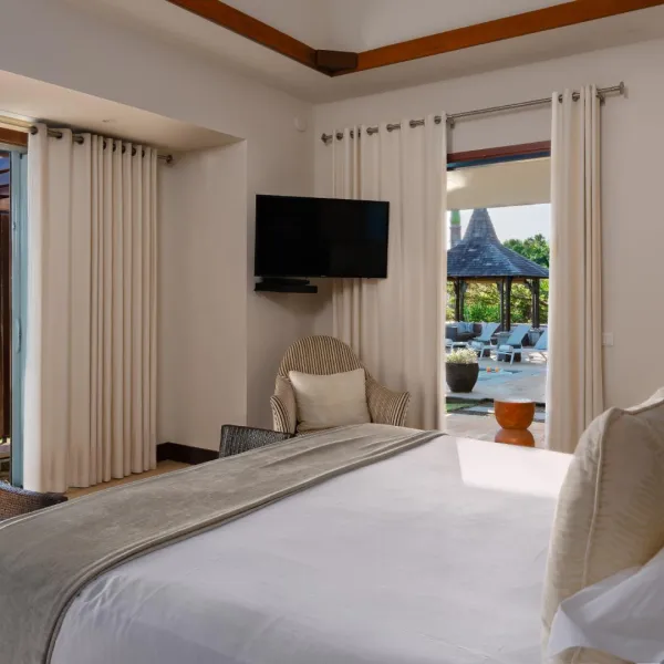 Ground floor bedroom interior in a luxury three-bedroom villa with elegant furnishings
