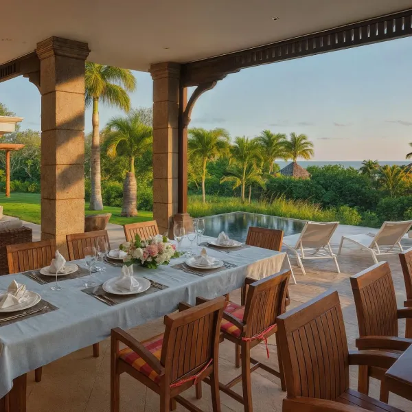 Ground floor exterior dining area with tables at a luxury three-bedroom villa