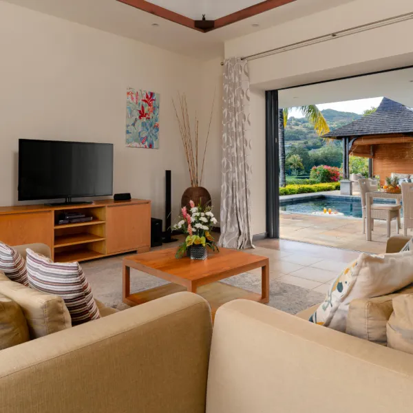 Interior view over the living room of a luxury 4-bedroom villa