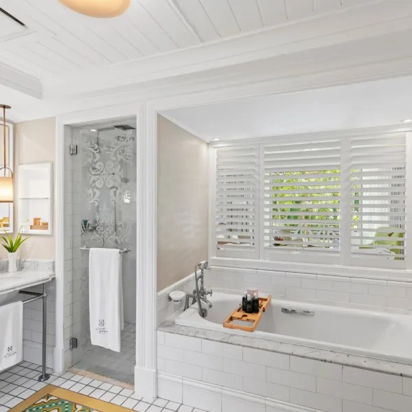 deluxe garden view bathroom on upper floor with interior marbles and countertops soaking tub
