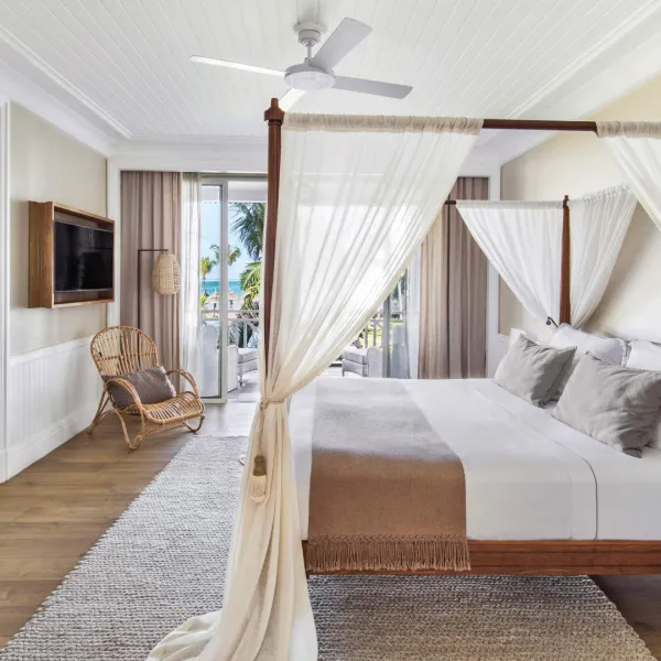senior seaview adult-only bedroom on upper floor with balcony at heritage le telfair mauritius