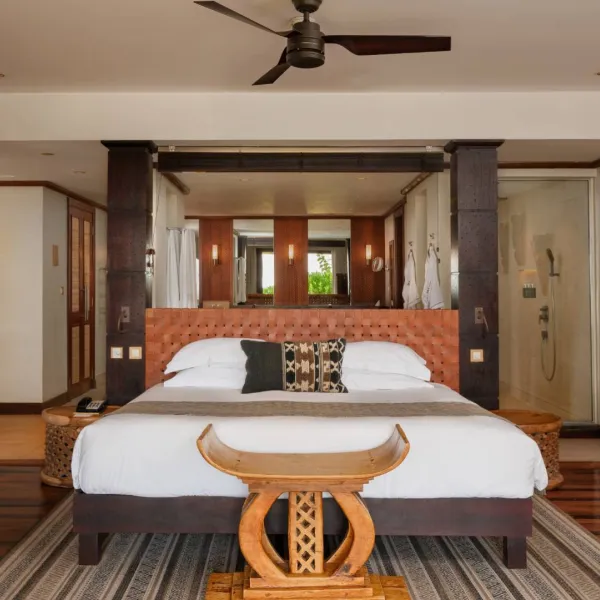 beachfront villa general view of bedroom with african inspired decor