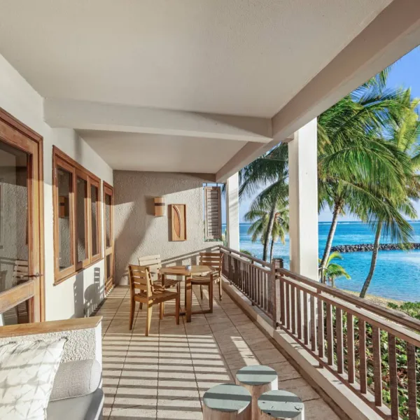 private balcony of senior suite heritage awali with breathtaking lagoon views