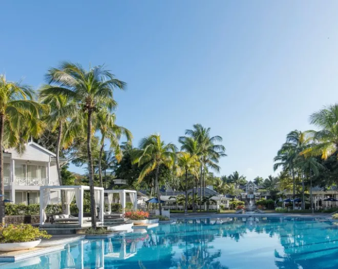 Peaceful hotel Heritage Le Telfair resort with pool view Mauritius